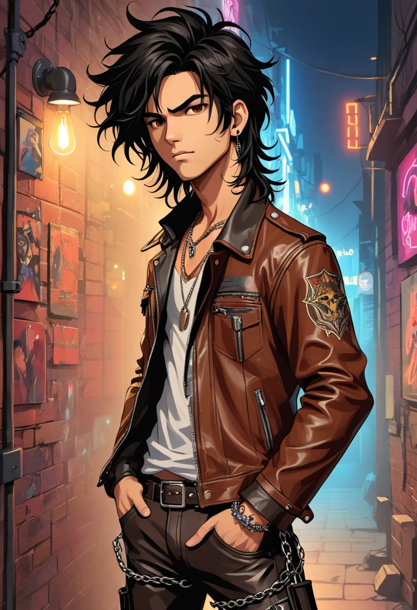 puntaje_9, puntaje_8_arriba, puntaje_8, 1 joven, male, solo, focus, neocruz, black medium hair, messy hair, brown eyes,fuente_animé,( Rocker style leather jacket and pants, with small chains in the pockets), con un fondo de (Discos de vinilo en una pared de ladrillo) ,(luces de neón), (collage estilizado), (LegendDarkFantasy,,memphisstyle-6750)