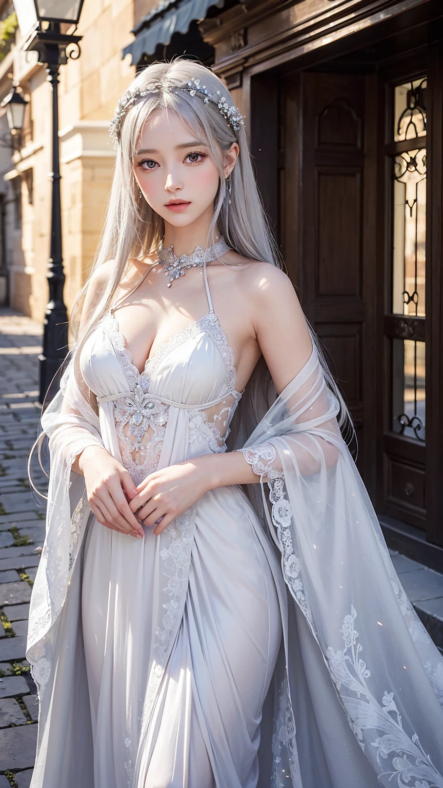 (European medieval manor:1 silver-haired girl,sliver long hair, Kneeling pose), tmasterpiece, best qualtiy, RAW photogr, realisticlying, the face, Incredibly Ridiculous res, Beautiful elf beauty, ear studs, (Long silver hair),(Light yarn wedding dress),(Tulle dress long),Conservative attire,stocklings,(Ribbon heels+),depth of fields, A high resolution, ultra - detailed, filigree, RAWE is very detailed, very detailed eyes and faces, Sharp pupils, realistic pupil, tack sharp focus, cinmatic lighting,full bodyesbian,Bigboobs,long leges,From the front side,dynamicposes