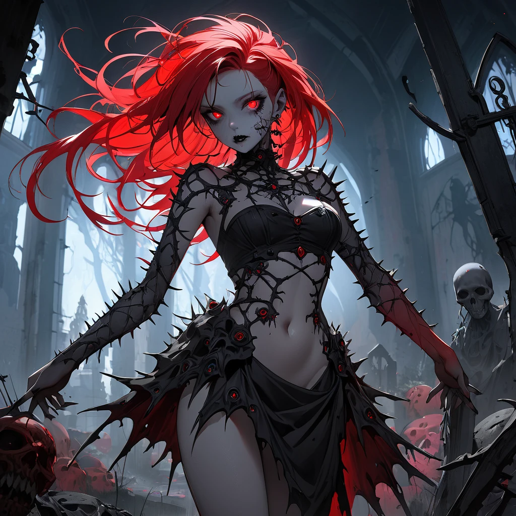 (Dark and scary atmosphere,Gothic Fashion,Dark colors),(Highest quality,Super exquisite item),Very sexy vampire girl,A large number of red spider lilies in full bloom on a red full moon night,Beautiful and delicate eyes,Beautiful black straight ponytail,Crow's feathers,Pale skin,Fishnet tights,A black and white lace dress with a small amount of fabric,The moonlight illuminates her silhouette,A fantastic background created by darkness and moonlight,She is a tall girl who looks like an adult.,A crow is flying,Crow's feathersが舞う,Are standing,Deep foggy forest behind,(Courtesy),((The shadows of several hanged bodies in the forest behind)),A flock of crows swarming around a corpse,Chained,Hanged by a chain around the neck,Hanging