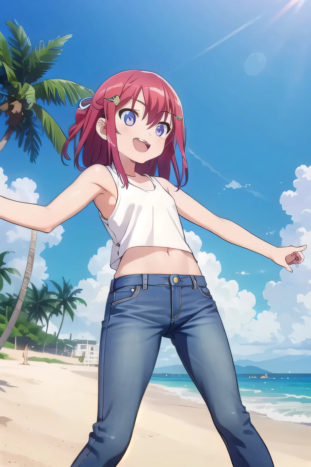 masterpiece,best quality,ultra detail,1girl, yo,pee, smile happily,background((under the beach, (day:1.2), under sand beach, bright sky)), kanzaki tomoyo, red hair, Raise your arms and bring them behind your head, White tank top, White crop top, jeans, blue pants, (flares jeans 1:1), blue jeans, sex pose, (legs spread:3:1), orgasm, from below