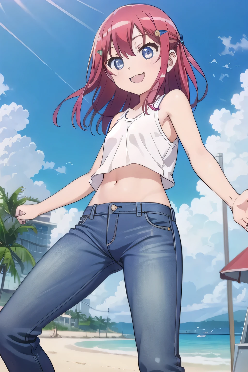 masterpiece,best quality,ultra detail,1girl, yo,pee, smile happily,background((under the beach, (day:1.2), under sand beach, bright sky)), kanzaki tomoyo, red hair, Raise your arms and bring them behind your head, White tank top, White crop top, jeans, blue pants, (flares jeans 1:1), blue jeans, sex pose, (legs spread:3:1), orgasm, from below