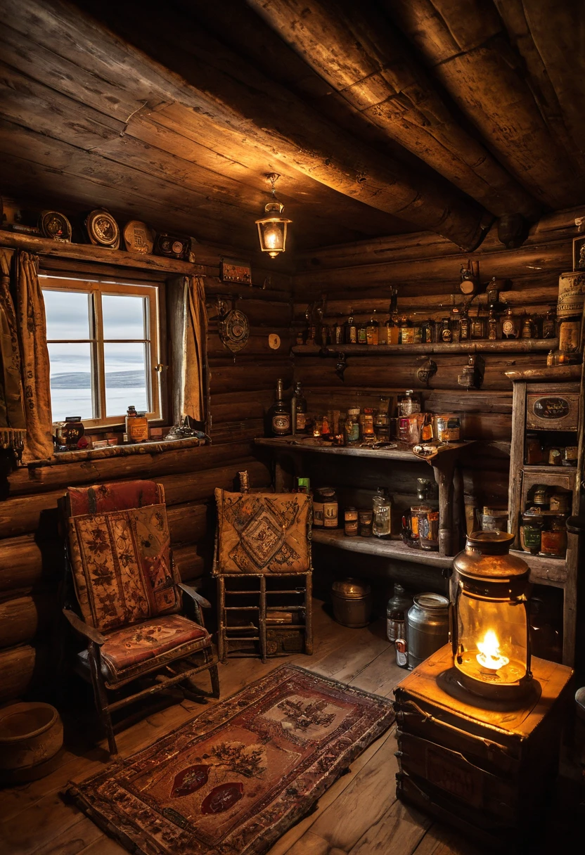 masterpiece,  high quality .  cozy wintering house in the Arctic , . The interior is full of intricate Chukchi ethnic details and expedition equipment ,  outside - The Far Arctic , Chukotka ,  the dark polar night , blizzard, Bad weather, storm, snowfall.  Very small square window .  An atmosphere of comfort and tranquility . 
 a small dark room in a tiny dark room wooden hut with a low ceiling and no electric lighting. 
 On the log walls, Chukchi amulets and bunches of dried herbs .
Behind a small window with beige curtains ,   with a third of the snow covered outside ,  you can see a snowstorm at night . 
There is a Christmas tree ,  decorated only with colorful glass balls without illumination . 
 a cozy brown plush chair by a small window .  on the chair are an exquisitely embroidered pillow and a book .  The wooden floor in front of the chair is covered with soft deerskin .  On a simple board table next to the chair, there is a half-empty bottle of whiskey and a lit kerosene lamp ,  and on the wooden windowsill of the small window there are several bottles of whiskey and cognac .  on the floor under the window has a keg of Irish ale and lots of cans of various canned goods .  next to the keg is a box of tangerines . 
 There is a large stove in front of the chair .
( The dark window is not a light source ,  the room is only lit by candles ,  the light of a kerosene lamp and a flame in the stove .)