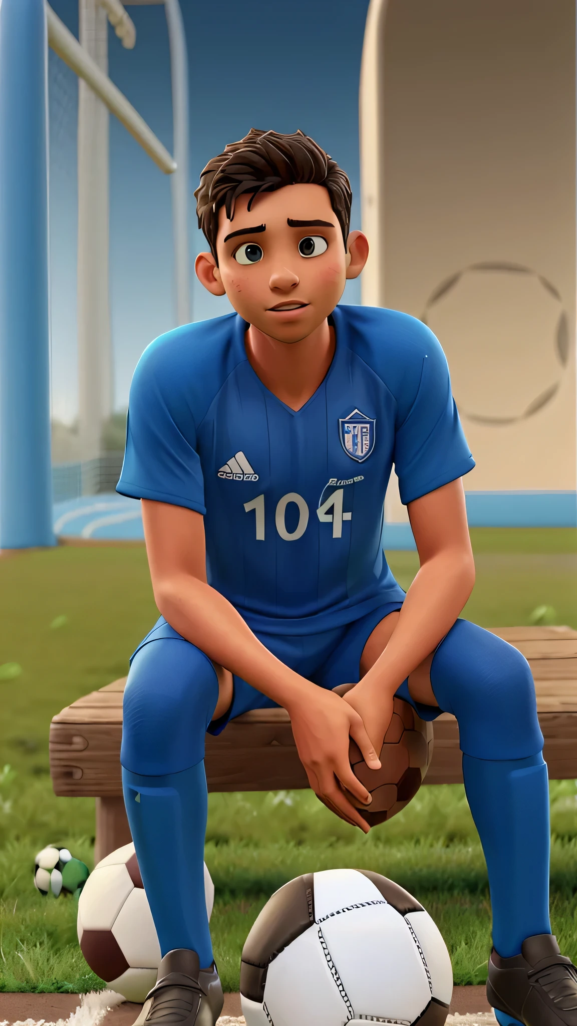 arafed boy sitting on a bench in a park with a blue shirt, riyahd cassiem, mohamed chahin, reyyan, ismail, mohamed chahin style, young boy, mid shot portrait, khyzyl saleem,  berber boy, ayan nag, atef, innocent look. rich vivid colorsDetailed eye, digital color, (soccer jersey: 1.5), (soccer element clothing: 1.2), sports, soccer uniform, team uniform, shadow, ray tracing, decoration, high resolution, strong silhouette, colorful background , aggressive, beautiful (Illustration: 1.05), (film light: 1.1), cool aesthetic, aesthetic style, hard illustration, backwards, 8k, film grain, Kodak Portra 800, f1. 8. Prime time