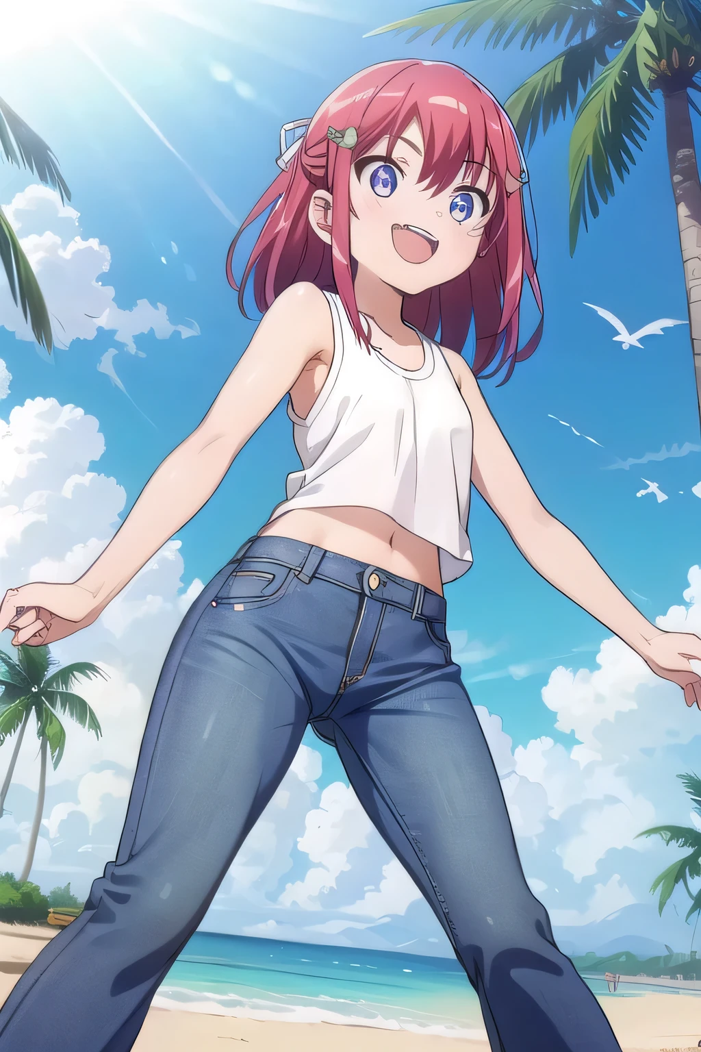 masterpiece,best quality,ultra detail,1girl, yo,pee, smile happily,background((under the beach, (day:1.2), under sand beach, bright sky)), kanzaki tomoyo, red hair, Raise your arms and bring them behind your head, White tank top, White crop top, jeans, blue pants, (flares jeans 1:1), blue jeans, sex pose, (legs spread:3:1), orgasm, from below