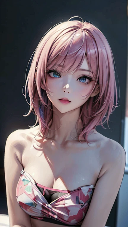 1girl in, Realistic, (Looking at Viewer:1), (ulzzang-6500:0.66), Thin thighs, Bare legs, Skinny Legs,Dappled sunlight, Best Quality, 超A high resolution, (Photorealistic:1.4), Yaemiko, Short hair, Pink hair, Yae_Sakura, Jewelry, cherryblossom, (Smile:1), Bare_shoulders, hair_ornament detached, Purple_Eyes, , Detached_sleeves, , Detailed eyes,, (lightsmile:1), , (Small breasts:1.4), , (bare upper body:1.4), , (puffy niples:1),, arms behind back,