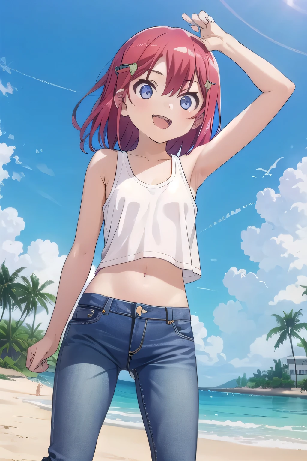 masterpiece,best quality,ultra detail,1girl, 14yo,petite, smile happily,background((under the beach, (day:1.2), under sand beach, bright sky)), kanzaki tomoyo, red hair, Raise your arms and bring them behind your head, White tank top, White crop top, jeans, blue pants, (flares jeans 1:1), blue jeans, sex pose, (legs spread:3:1), orgasm, from below