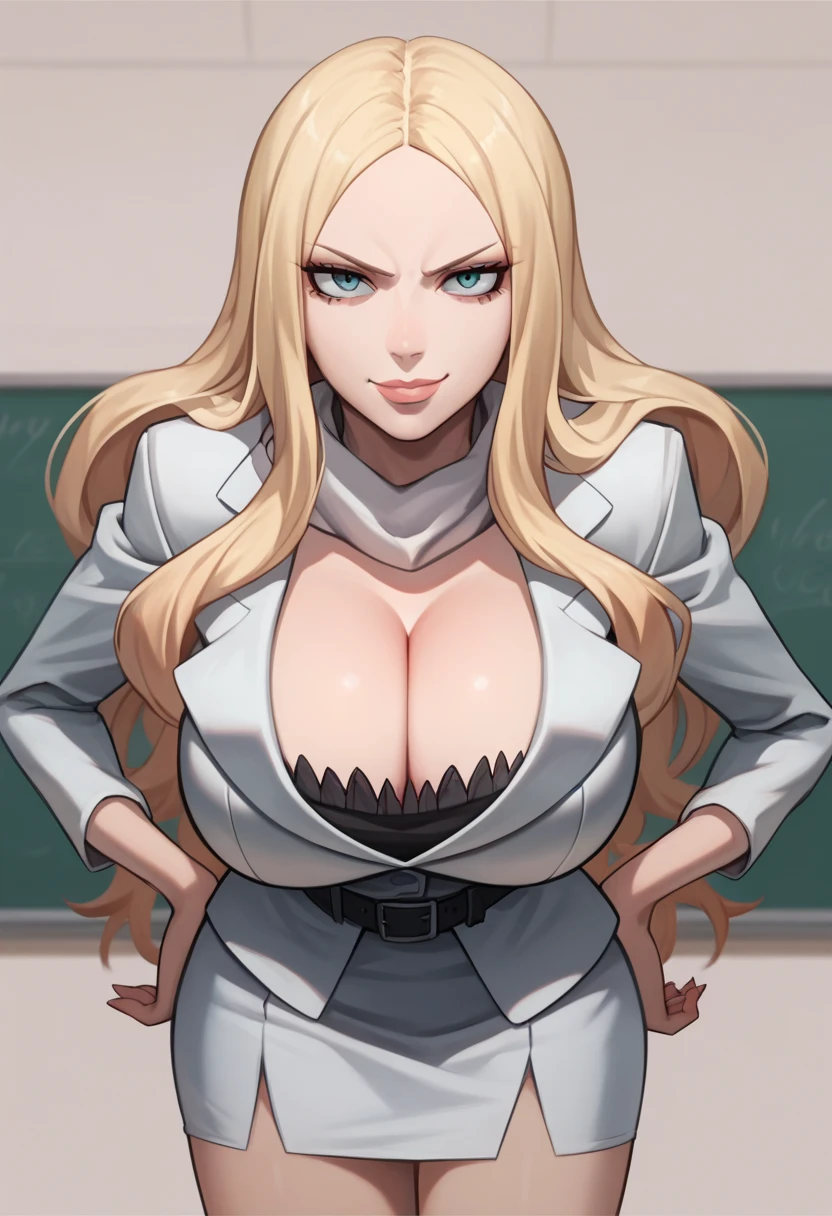 best quality, ultra high res, 1girl, Irina Jelavic, long hair, blonde hair, facing the viewer, looking at the viewer, huge breasts, cleavage, (classroom background), dark, white suit, white skirt, belt, (white scarf), closed lips, smirking, hands on hips, leaning forward