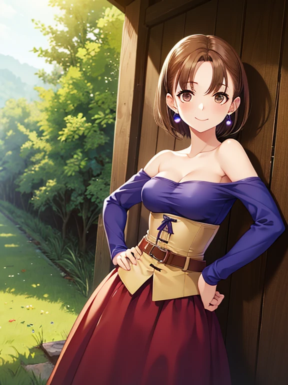   Masterpiece  ,  top quality,  detailed face ,  beautiful eyes,  high definition ,Anime Painting、 detail eyes:1.5. Alone,  Standing Smiling ,(( shorthair、 shorthair))、pale chestnut hair、 Brown Eyes 、
, , (( bright purple off-shoulder shirt on a gorgeous bed,  Strapless Dress,  corset)), putting hands on hips ,  earrings for a woman alone, belt, Vertical Forest 、grassland、Four Corners,  Show in
 