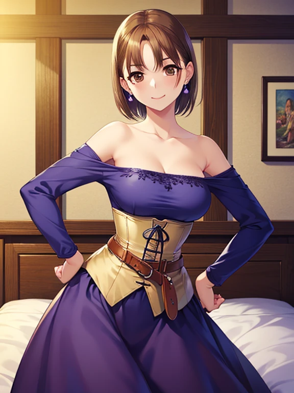   Masterpiece  ,  top quality,  detailed face ,  beautiful eyes,  high definition ,Anime Painting、 detail eyes:1.5. Alone,  Standing Smiling ,(( shorthair、 shorthair))、pale chestnut hair、 Brown Eyes 、
, , (( bright purple off-shoulder shirt on a gorgeous bed,  Strapless Dress,  corset)), putting hands on hips ,  earrings for a woman alone, belt, Vertical Forest 、grassland、Four Corners,  Show in
 