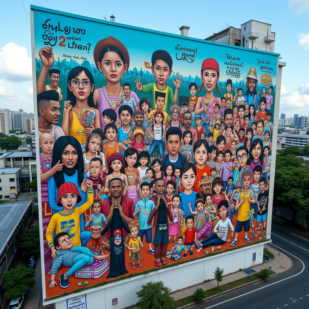 A aerial view, a large vertical mural on the outskirts of a bustling Thai metropolis is covered in colourful graffiti. The artwork, inspired by Aurum Gallery Bangkok, The distinctive characters present in Jecks’ artworks are derived from years of observing and drawing people in their everyday lives. “Everybody is basically a hunter. We hunt for money, dreams, titles, and everything that makes us happy. We are no different from tribal people living in the woods, hunting to survive, except we happen to live in a city.” The artist believes that humans have a raw instinct telling us to hunt or to be hunted, which he has turned into his core work concept with text ‘12/12 5th Anniversary' and 'Nuad Thai' included, blue sky, 8K, high details, high resolution, good hands, good fingers, good nails.