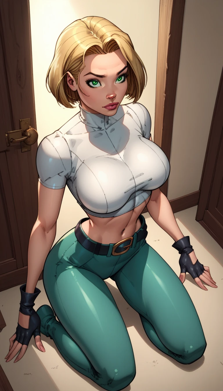 score_9, score_8_above, score_7_above,score_6_above, score_5_above, score_4_above,  detailed soft lighting, 1 , Alone,  Big breasts , AchaseDG,  short hair,  blonde hair ,  green eyes , white plain shirt, black gloves, crop top, green and black pants , belt, fingerless gloves, ( tight clothing:1.3), in her room, Kneeling,  sexy poses , looking at viewersorriso,  with your mouth shut, (  masterpiece ,  best quality , Highly Detailed, beautiful).