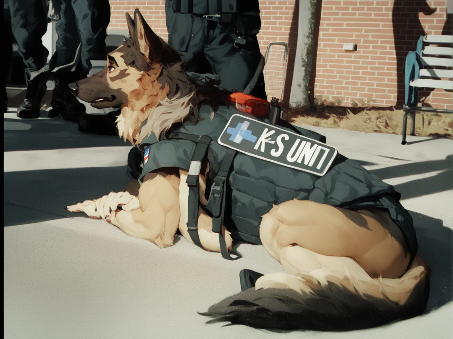 score_9, score_8_up, score_7_up, score_6_up, adult, very long haired, German shepherd, bulletproof vest, anthropomorphic, furry, airport 