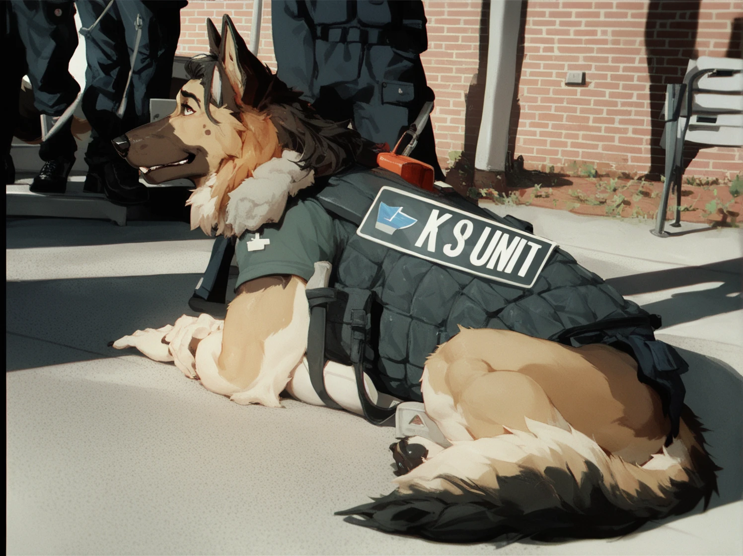 score_9, score_8_up, score_7_up, score_6_up, adult, very long haired, German shepherd, bulletproof vest, anthropomorphic, furry, airport 