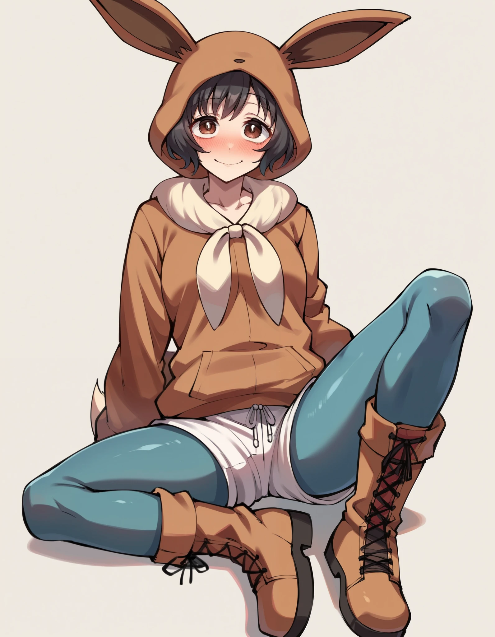 Beastars_style, score_9, score_8_up, score_7_up, , 1girl, solo,
 sketch, flat color, (round eyes:1.4), gingham crop top, orange gym shorts, blue pantyhose, knee boots, looking at viewer, light smile, ear blush,
brown eyes, short hair, black hair, eevee onesie, poke  \(pokemon\), fake tail, fake animal ears, brown hood, Brown onesie ,