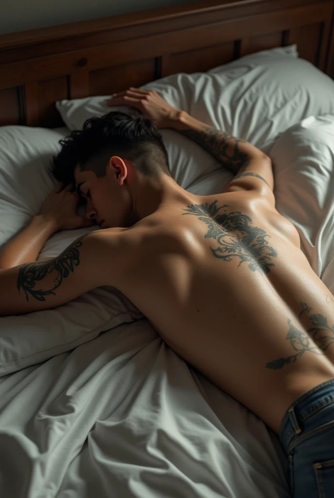 In the image, green and red neon lights illuminate the body of a young Asian man lying on a bed with no underwear or covering. His body is muscular and strong, but within a normal range. His prominent and attractive buttocks are centered in the picture. Just above his buttocks, exactly on the two dimples of his lower back, the tattooed text "TaeHaVincent" is visible. One of his arms is fully covered in tattoos. Please ensure the image is beautiful, clean, and appealing, without being overly exaggerated