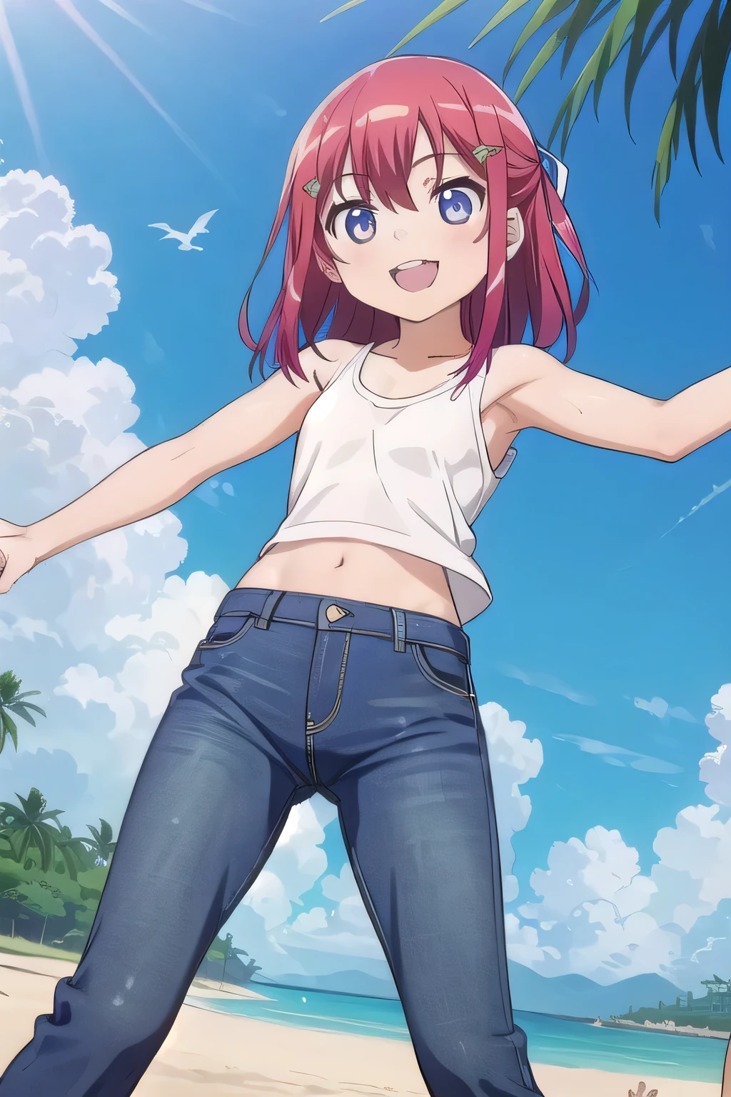 masterpiece,best quality,ultra detail,1girl, yo,pee, smile happily,background((under the beach, (day:1.2), under sand beach, bright sky)), kanzaki tomoyo, red hair, Raise your arms and bring them behind your head, White tank top, White crop top, jeans, blue pants, (flares jeans 1:1), blue jeans, sex pose, (legs spread:3:1), orgasm, from below