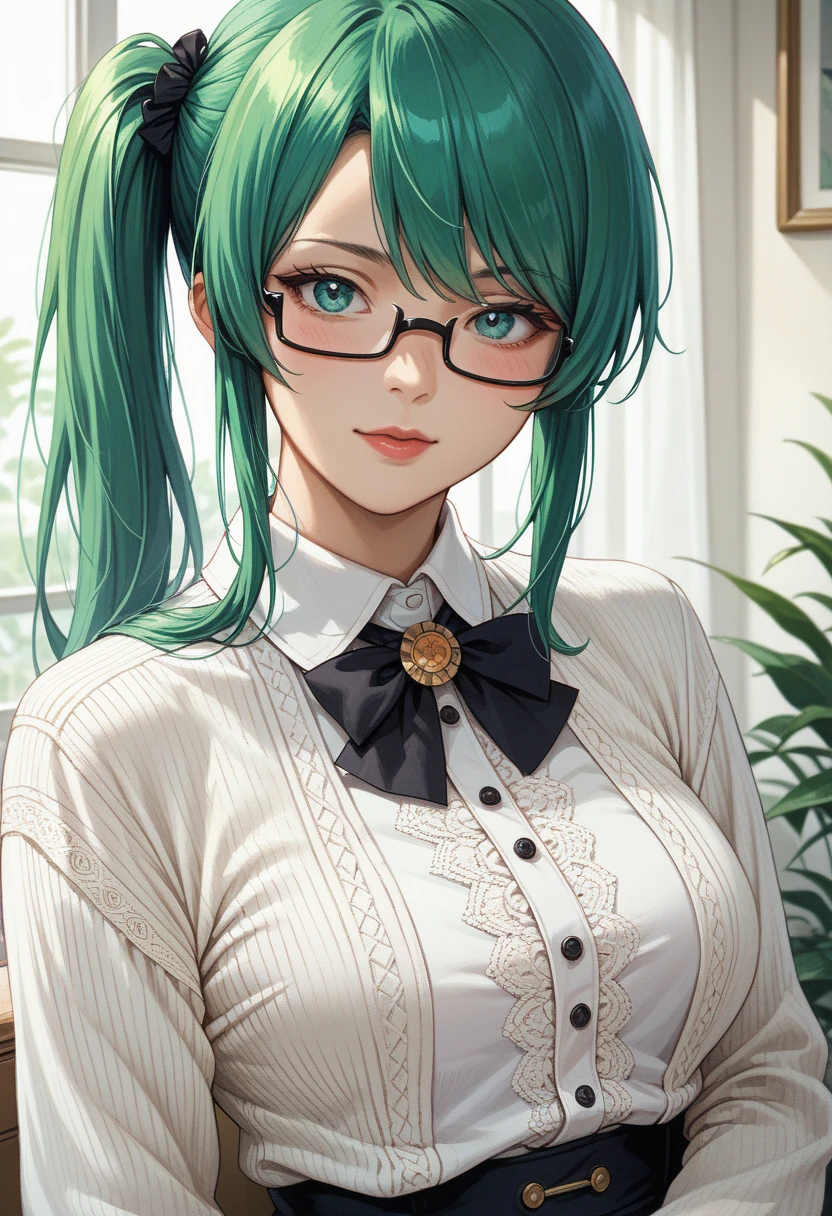 masterpiece, high definition , top quality,8k
(Kagura Suzu, green hair,side ponytail,Glasses)

