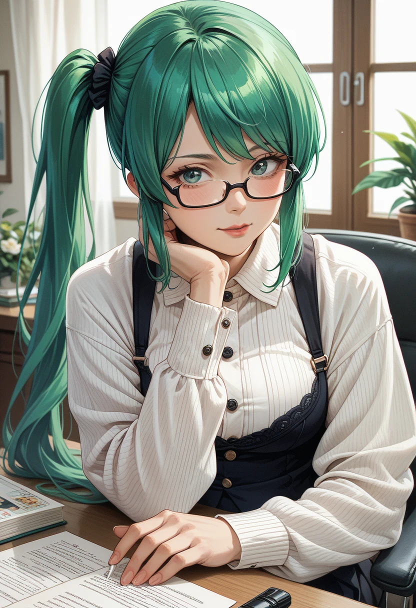 masterpiece, high definition , top quality,8k
(Kagura Suzu, green hair,side ponytail,Glasses)

