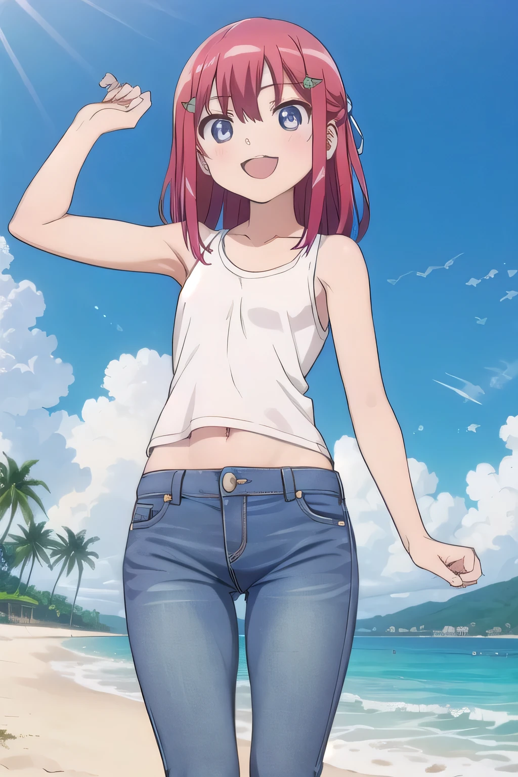 masterpiece,best quality,ultra detail,1girl, 14yo,petite, smile happily,background((under the beach, (day:1.2), under sand beach, bright sky)), kanzaki tomoyo, red hair, Raise your arms and bring them behind your head, White tank top, White crop top, jeans, blue pants, (flares jeans 1:1), blue jeans, sex pose, (legs spread:3:1), orgasm, from below