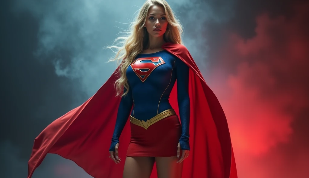 supergirl, full blue body suit, long blonde hair, red elbow gloves, red gauntlets, black tights, red boots, red skirt, gold belt, really long red cape, standing, looking straight,  full image from head and legs, realistic, bdsm, bondage, bound, bondage, Chained, Arms chained above head handcuffed to ring on the wall, wall mounted chained chain