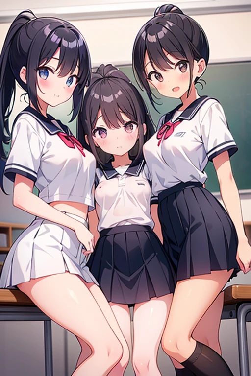 nswf, (masterpiece: 1.2), Highest quality, masterpiece, (Clearer images), (Bright colors), ((Take clear photos even from a distance)), (Multiple Girls), (Harem), (School classmates), (((All school uniforms have the same design))), (((Everyone is wearing the same navy blue skirt))), (()), ((prostitution婦)), (prostitution宿, On the bed), (Cute Japanese), ((6 Girls))), ((Group shot)), (Group selfie), ((I can see your butt from your thighs))、 (Head to toe full body view), front, frontやや下からの構図, Symmetric, 15 year old alone, (Head to toe),Wide-angle, Soft Light, ((((Laugh with your mouth wide open)))), (Slightly larger breasts), ((prostitution)), (Lure), ((Audiences love it)), (((A lot of hearts are flying))), landscape、(((Showing panties:1.6)))、((((M-shaped legs:1.4)))、((Female masturbation:1.8))、((Grab your chest:1.3)),(((Good elevator:1.2)))、Close one eye、((Young people))、Black Stockings