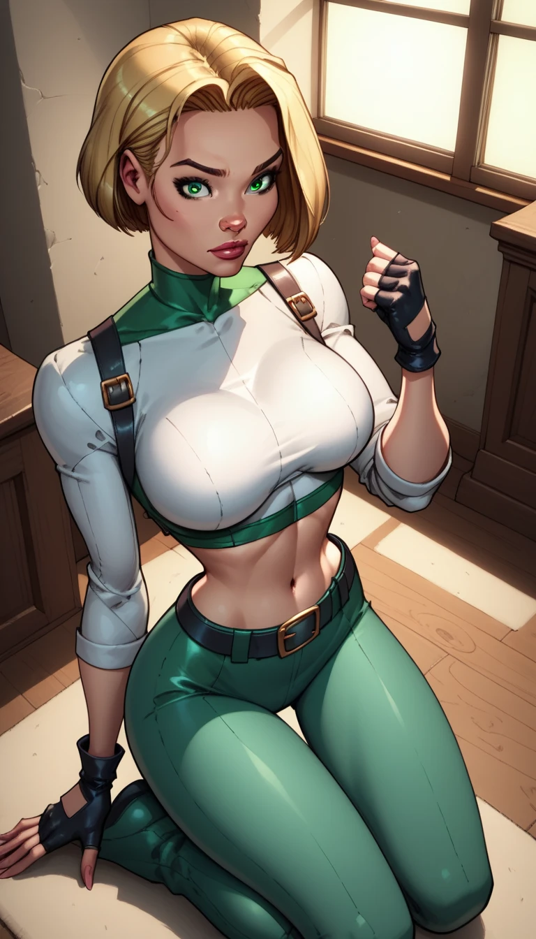 score_9, score_8_above, score_7_above,score_6_above, score_5_above, score_4_above,  detailed soft lighting, 1 , Alone,  Big breasts , AchaseDG,  short hair,  blonde hair ,  green eyes , white plain shirt, black gloves, crop top, green and black pants , belt, fingerless gloves, ( tight clothing:1.3), in her room, Kneeling,  sexy poses , looking at viewersorriso,  with your mouth shut, (  masterpiece ,  best quality , Highly Detailed, beautiful).