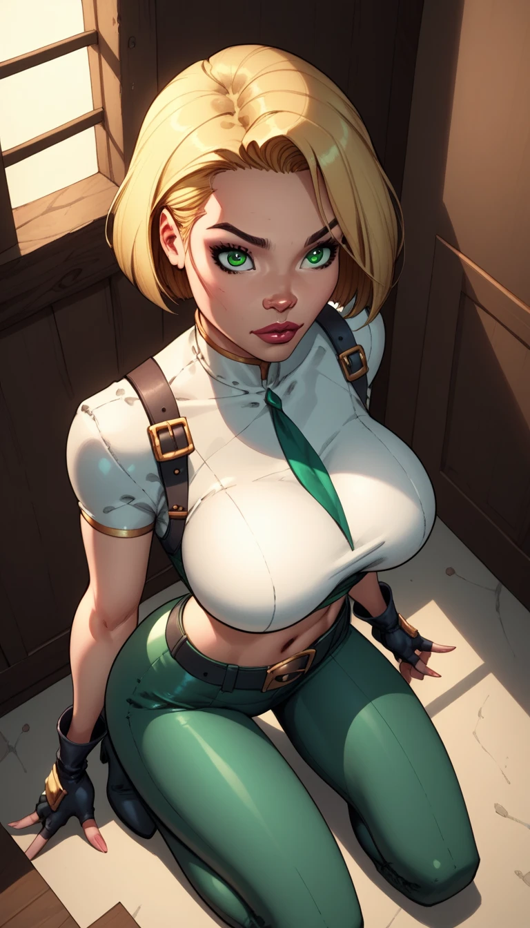 score_9, score_8_above, score_7_above,score_6_above, score_5_above, score_4_above,  detailed soft lighting, 1 , Alone,  Big breasts , AchaseDG,  short hair,  blonde hair ,  green eyes , white plain shirt, black gloves, crop top, green and black pants , belt, fingerless gloves, ( tight clothing:1.3), in her room, Kneeling,  sexy poses , looking at viewersorriso,  with your mouth shut, (  masterpiece ,  best quality , Highly Detailed, beautiful).