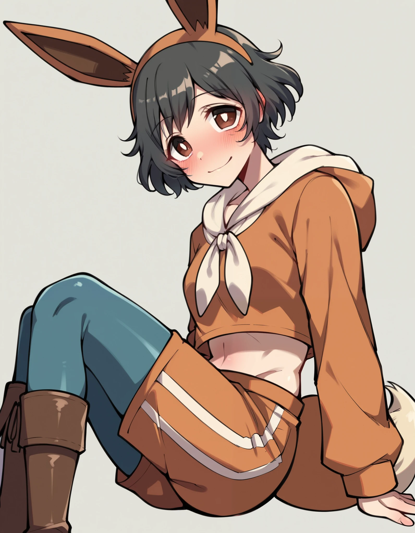 Beastars_style, score_9, score_8_up, score_7_up, , 1girl, solo,
 sketch, flat color, (round eyes:1.4), gingham crop top, orange gym shorts, blue pantyhose, knee boots, looking at viewer, light smile, ear blush,
brown eyes, short hair, black hair, eevee onesie, poke  \(pokemon\), fake tail, fake animal ears, brown hood, Brown onesie ,