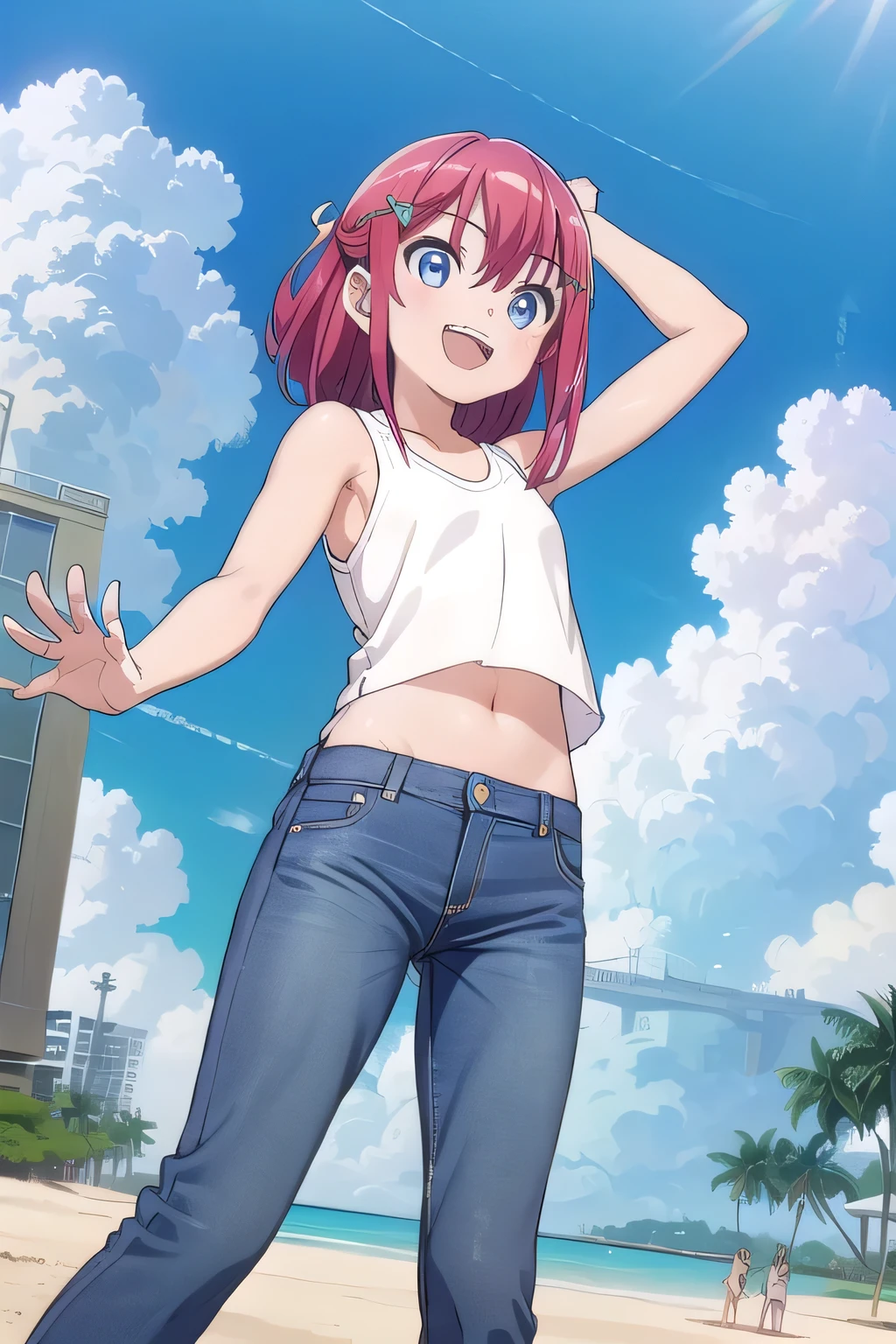 masterpiece,best quality,ultra detail,1girl, ,petite, smile happily,background((under the beach, (day:1.2), under sand beach, bright sky)), kanzaki tomoyo, red hair, Raise your arms and bring them behind your head, White tank top, White crop top, jeans, blue pants, (flares jeans 1:1), blue jeans, sex pose, (legs spread:3:1), orgasm, from below