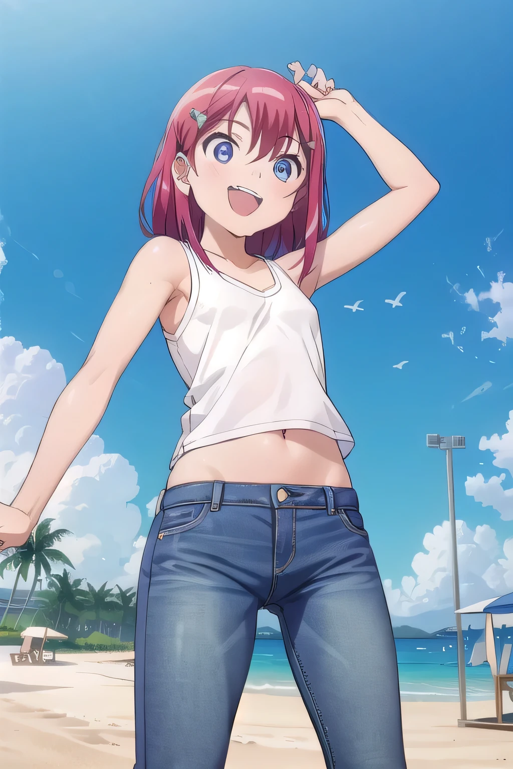 masterpiece,best quality,ultra detail,1girl, 14yo,petite, smile happily,background((under the beach, (day:1.2), under sand beach, bright sky)), kanzaki tomoyo, red hair, Raise your arms and bring them behind your head, White tank top, White crop top, jeans, blue pants, (flares jeans 1:1), blue jeans, sex pose, (legs spread:3:1), orgasm, from below