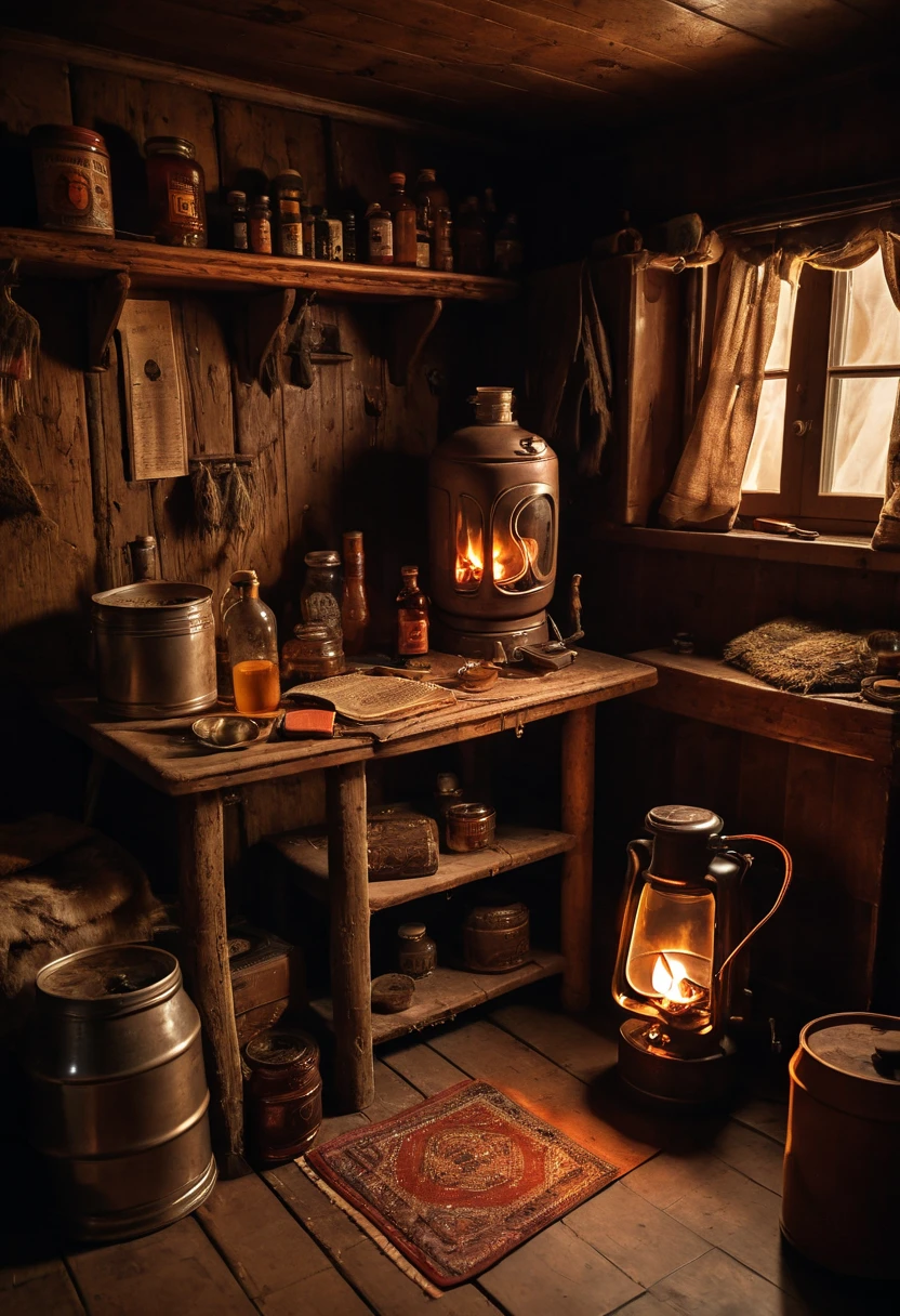 masterpiece,  high quality .  cozy wintering house in the Arctic , . The interior is full of intricate Chukchi ethnic details and expedition equipment ,  outside - The Far Arctic , Chukotka ,  the dark polar night , blizzard, Bad weather, storm, snowfall.  Very small square window .  An atmosphere of comfort and tranquility . 
 a small dark room in a tiny dark room wooden hut with a low ceiling and no electric lighting. 
 On the log walls, Chukchi amulets and bunches of dried herbs .
Behind a small window with beige curtains ,   with a third of the snow covered outside ,  you can see a snowstorm at night . 
 a cozy brown plush chair by a small window .  on the chair are an exquisitely embroidered pillow and a book .  The wooden floor in front of the chair is covered with soft deerskin .  On a simple board table next to the chair, there is a half-empty bottle of whiskey and a lit kerosene lamp ,  and on the wooden windowsill of the small window there are several bottles of whiskey and cognac .  on the floor under the window has a keg of Irish ale and lots of cans of various canned goods .  next to the keg is a box of tangerines . Lots of small interior details ,  intricate details of the life of polar winterers.
 There is a large stove in front of the chair . Shaggy boots dry on the floor in front of the stove.
( The dark window is not a light source ,  the room is only lit by candles ,  the light of a kerosene lamp and a flame in the stove .)