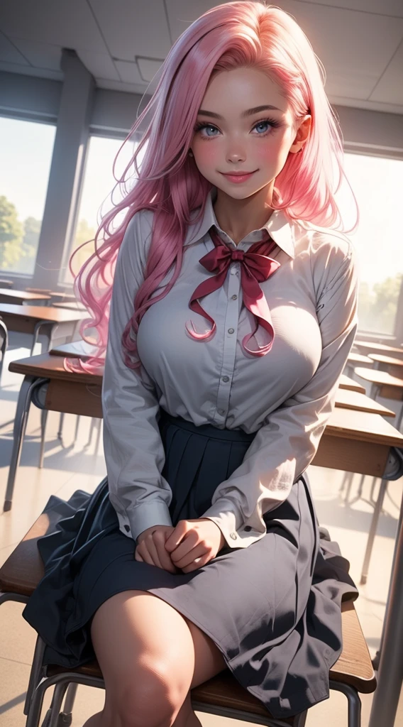 Pink hair, bangs, hair behind ear, very long hair, jewelry, earrings, masterpiece, textured skin, high details, best quality, Adult woman, accentuated super huge enormously gigantic breasts, wearing school girl uniform, plaid skirt, white mini thong, white thigh high socks, mature woman, good figure, sitting spreading her legs open alone in the classroom, in class,eyeglass