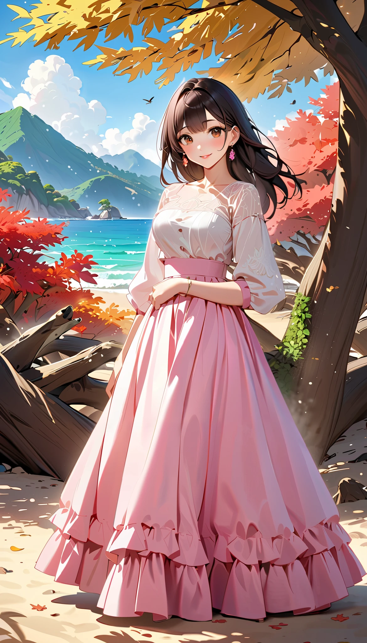 ( top quality, high image quality, high definition , 8k), long-sleeved blouse , long skirt , Beautiful single woman, Brown-black hair, beautiful brown eyes, pink lips, The cutest face, Anatomically Beautiful Body , Mid-chest, earrings for a woman alone, looking here, sandy beach, posing, smile, (Large Tree, bird, mountain, cloud, autumn leaves), backgrounds,