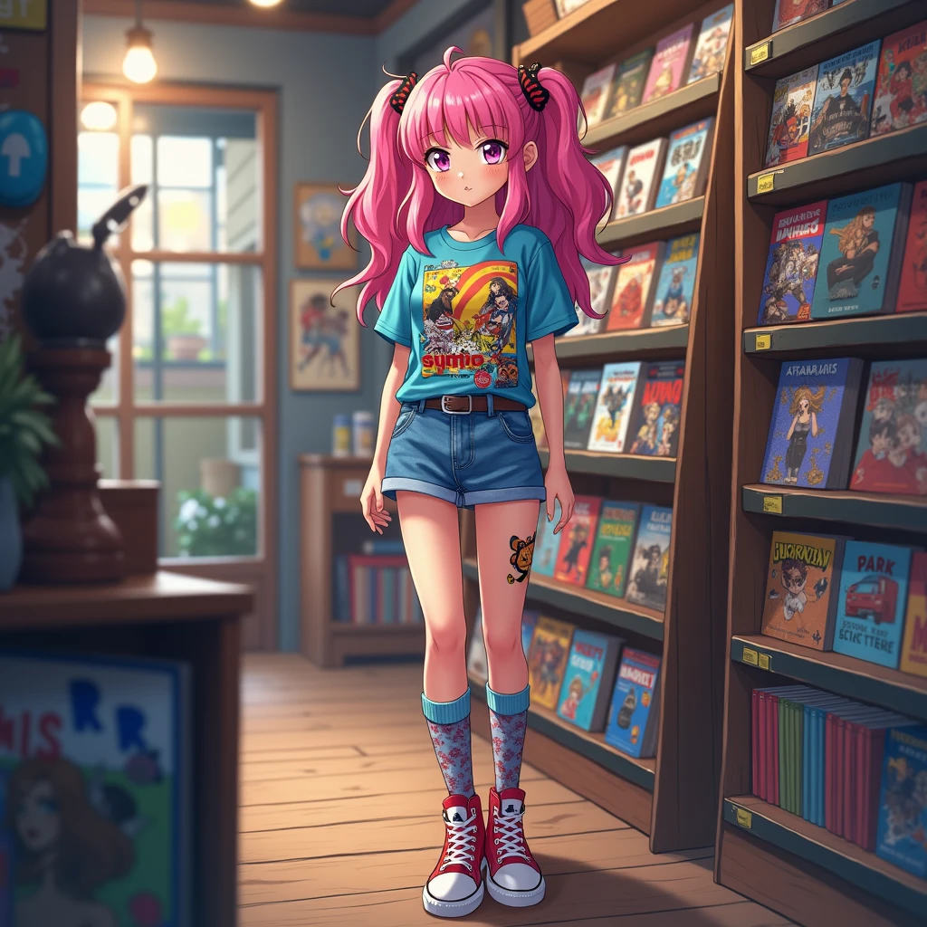 a beautiful girl with long red braided hair, wearing a plaid miniskirt, rope belt and tight tank top with pronounced nipples, standing in a comic book store, (best quality,4k,8k,highres,masterpiece:1.2),ultra-detailed,(realistic,photorealistic,photo-realistic:1.37),oil painting, portrait, vibrant colors, dramatic lighting, dynamic composition, Bill Sienkiewicz inspired art style