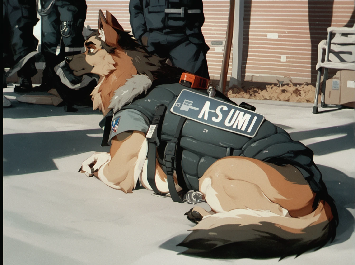 score_9, score_8_up, score_7_up, score_6_up, adult, very long haired, German shepherd, bulletproof vest, anthropomorphic, furry, airport 