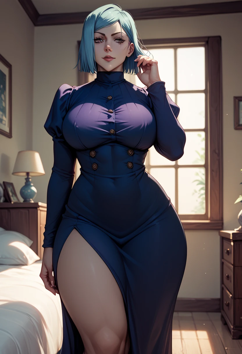 Mei Mei jujutsu kaisen, big breasts, big butt, dress slit on both sides showing her thighs, standing in a bedroom, front view