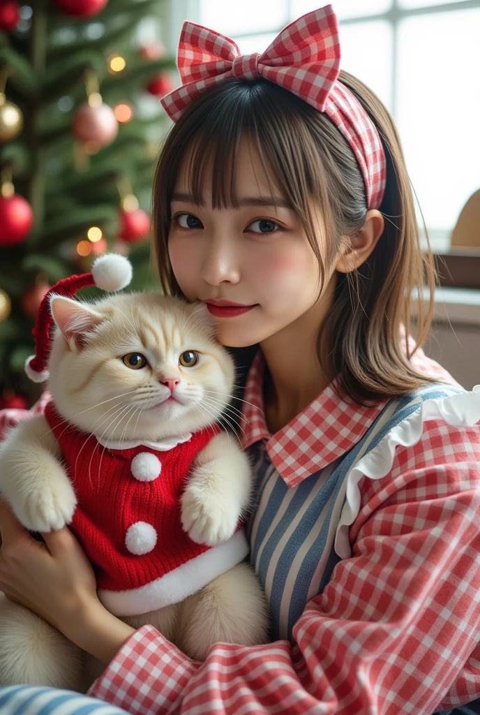 ultra-realistic, photorealistic, dramatic scene, shadow, global-illumination, solo, (20 years old Japanese famous idol girl:1.5), very beautiful fragile Japanese girl, very beautiful with very cute face, (modern maid, detailed face skin texture, cowboy shot:1.2), (wearing a cute colored maid outfits with frills:1.2), (apron with vertical light blue stripes:1.2), at stylish bright living room with gorgeous Christmas decorations, bright soft light, She dresses her giant fat cat in a Santa Claus costume, the cat is mewing very cutely, 