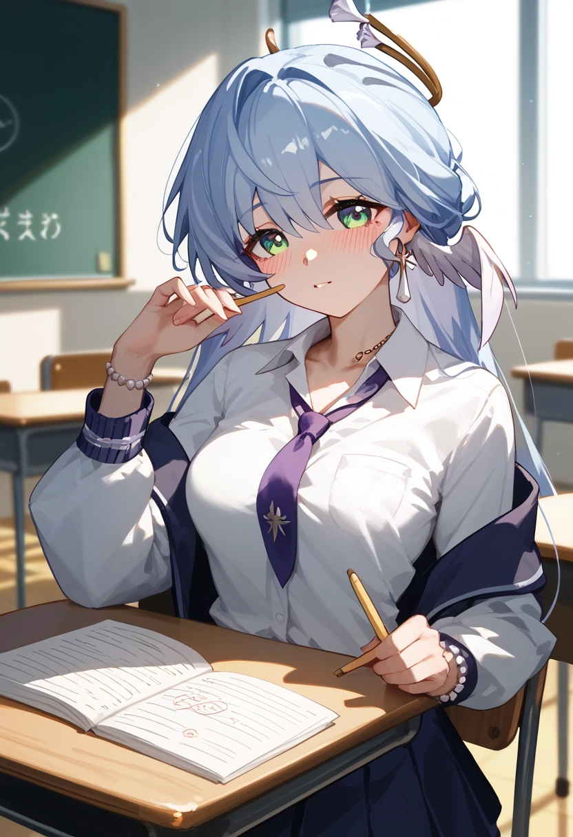 robin \(honkai: star rail\),medium breasts, slender body、25-year-old woman,school uniform, long sleeve 、classroom、 blush, chest up、へそ出し