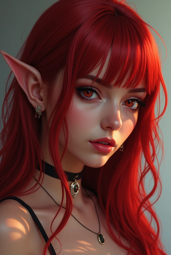 Femme de l'univers donjons et dragons. Apparence sauvage. Cheveux roux. Yeux vairrons de couleur rouge et violet. Collier avec un anneau autour du cou. Regard déterminé un peu en colère. Habillée en servante. Pas de décolté.