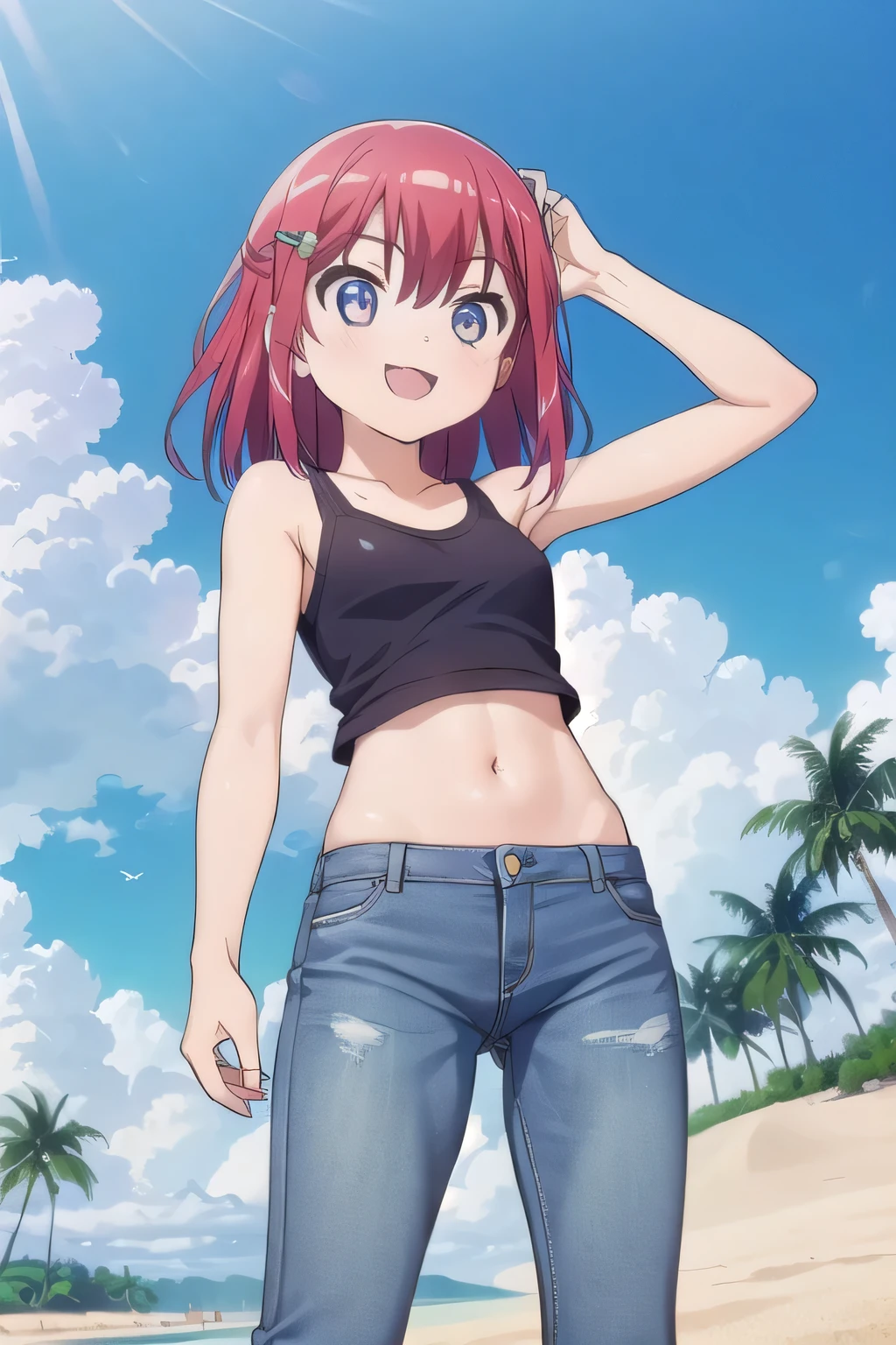 masterpiece,best quality,ultra detail,1girl, 14yo,petite, smile happily,background((under the beach, (day:1.2), under sand beach, bright sky)), kanzaki tomoyo, red hair, Raise your arms and bring them behind your head, White tank top, White crop top, jeans, blue pants, (flares jeans 1:1), blue jeans, sex pose, (legs spread:3:1), orgasm, from below