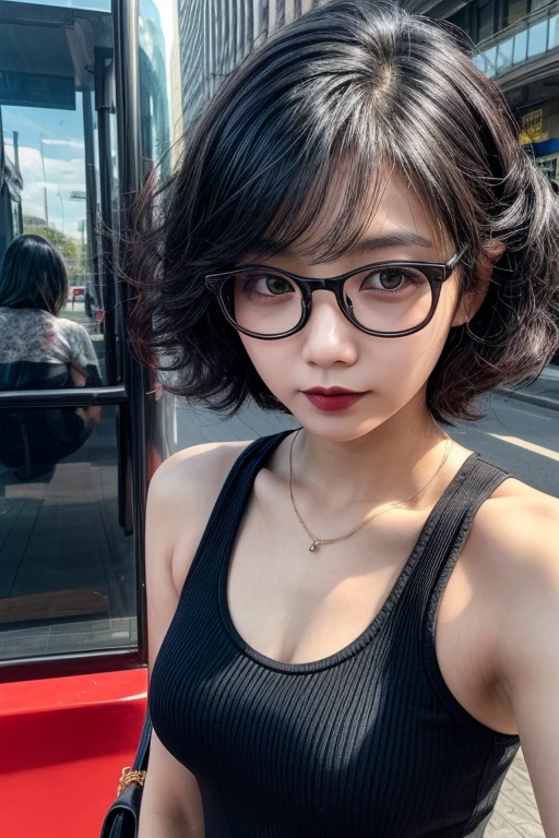 ((best quality, 8K, masterpiece :1.3)), Clear focus :1.2, ((Cute face)), (((Cute girl ))). ((Detailed tattooed skin)), beauty:1.3, Slim abdominal muscles :1.1, Ultra-fine face, Highly detailed lips, Makeup face. Lipstick. (((Black short hair))). ((wear glasses))
((Black pants)), ((Vest)), Long legs, Standing. look back. Small thigh circumference. Visible from behind. Shot from the back. back details. In the coffee shop