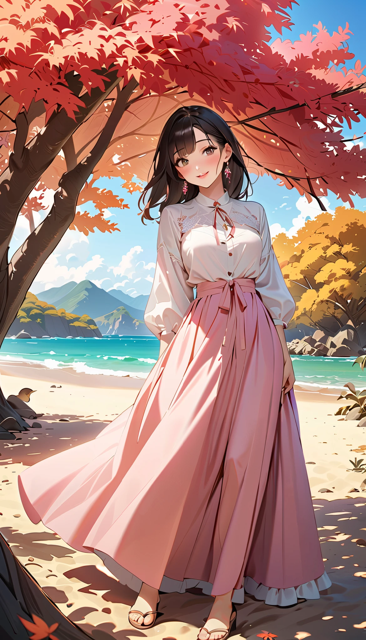   ( top quality,  high image quality,  high definition , 8k),  long-sleeved blouse ,  long skirt , Beautiful single woman,  Brown-black hair,  beautiful brown eyes,  pink lips, The cutest face,  Anatomically Beautiful Body , Mid-chest,  earrings for a woman alone,  looking here,  sandy beach,  posing, smile, (Large Tree, bird, mountain, cloud, autumn leaves),  backgrounds, 