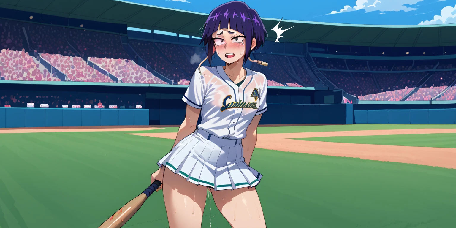 score_9,score_8_up,score_7_up, Jiro \(my hero academia\), 1girl, baseball field, baseball outfit, tiny white skirt, baseball bat anal, masturbating with bat, baseball bat in butthole, embarrassed, blushing, filled crowd, squirting, crying, smeared mascara, sweaty, sweat droplet, shocked