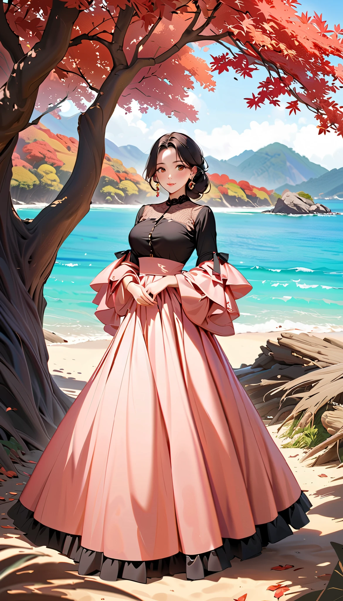   ( top quality,  high image quality,  high definition , 8k),  long-sleeved blouse ,  long skirt , Beautiful single woman,  Brown-black hair,  beautiful brown eyes,  pink lips, The cutest face,  Anatomically Beautiful Body , Mid-chest,  earrings for a woman alone,  looking here,  sandy beach,  posing, smile, (Large Tree, bird, mountain, cloud, autumn leaves),  backgrounds, 