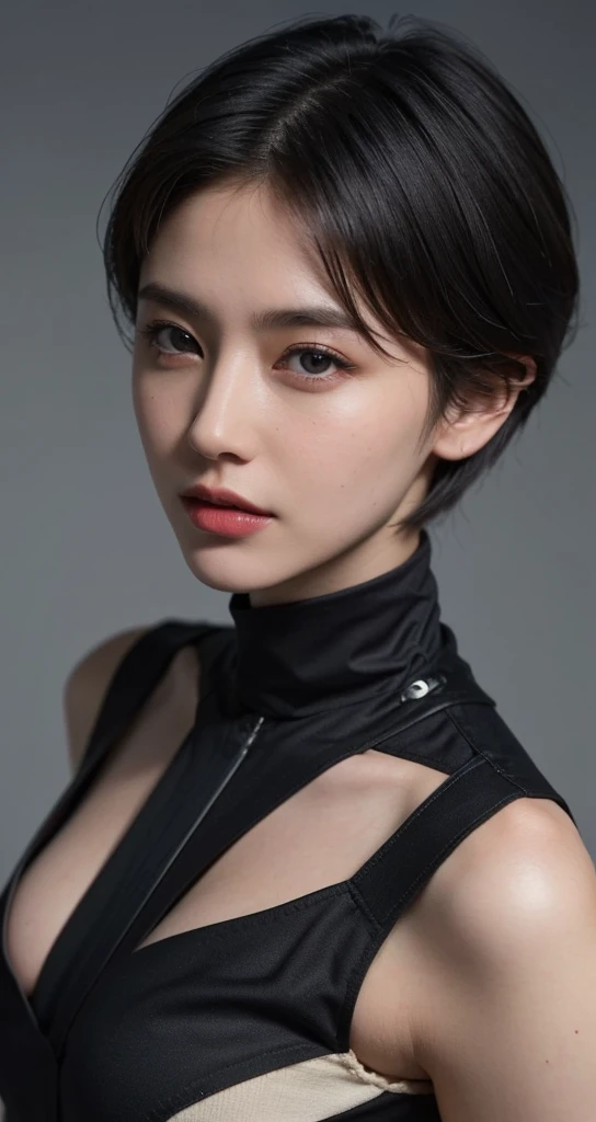 solo, (( Look Here )),  high definition , masterpiece,  anatomically correct, accurate,  top quality,  Ultra High Definition,  textured skin,  8k octane, Artistic, Cinematography, woman、(( center split black belly shorthair)), All-black fashion、 simple background ,  Big Breasts , face close-up、