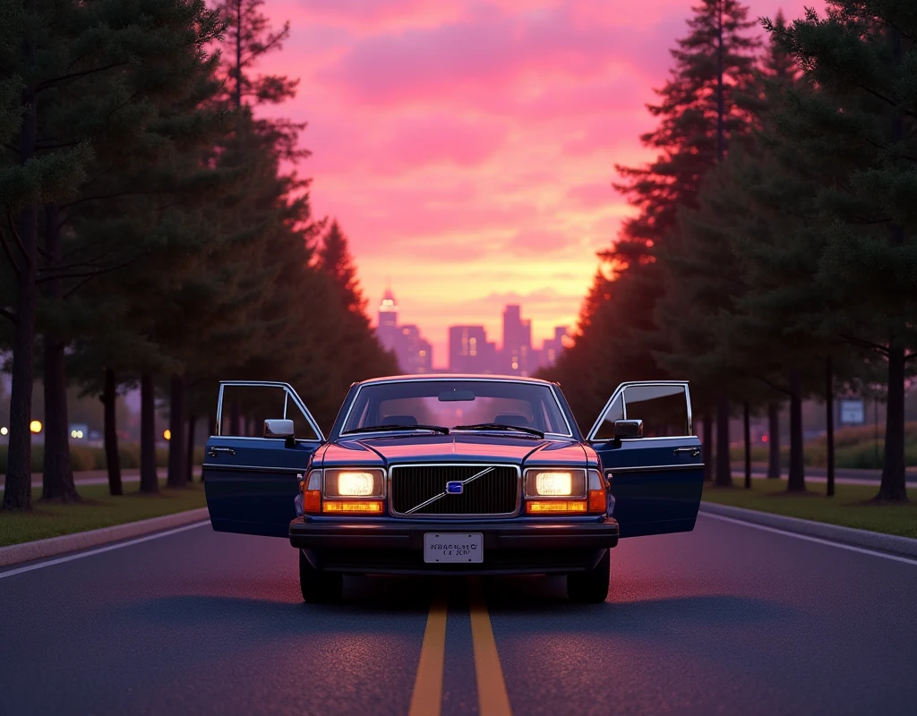 A luxurious 1980s Volvo 1999 sedan, parked next to the road under a vibrant, rose-colored sunset, with a city skyline in the background. The car is framed from the front, with its elegant lines and chrome accents clearly visible. The road is lined with tall trees, creating a canopy of green above. The sky is a brilliant pink and orange, with the sun just beginning to set. The city skyline is illuminated with neon lights, creating a contrast between the natural and urban environments. The composition is balanced, with the car in the center and the sunset and city creating a serene, picturesque atmosphere. The car is stationary, with its doors open, inviting the viewer to imagine the adventures it has seen.