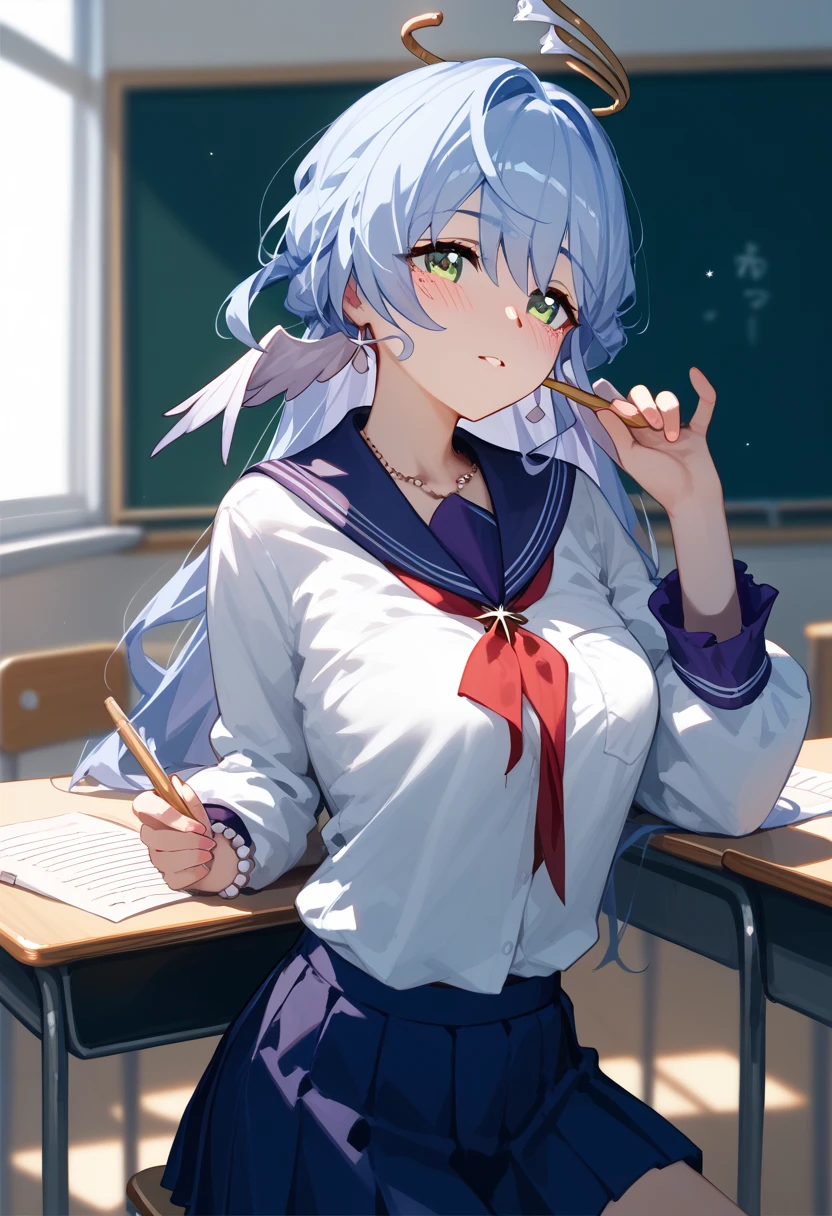 robin \(honkai: star rail\),medium breasts, slender body、25-year-old woman,school uniform, long sleeve 、classroom、 blush, chest up、へそ出し