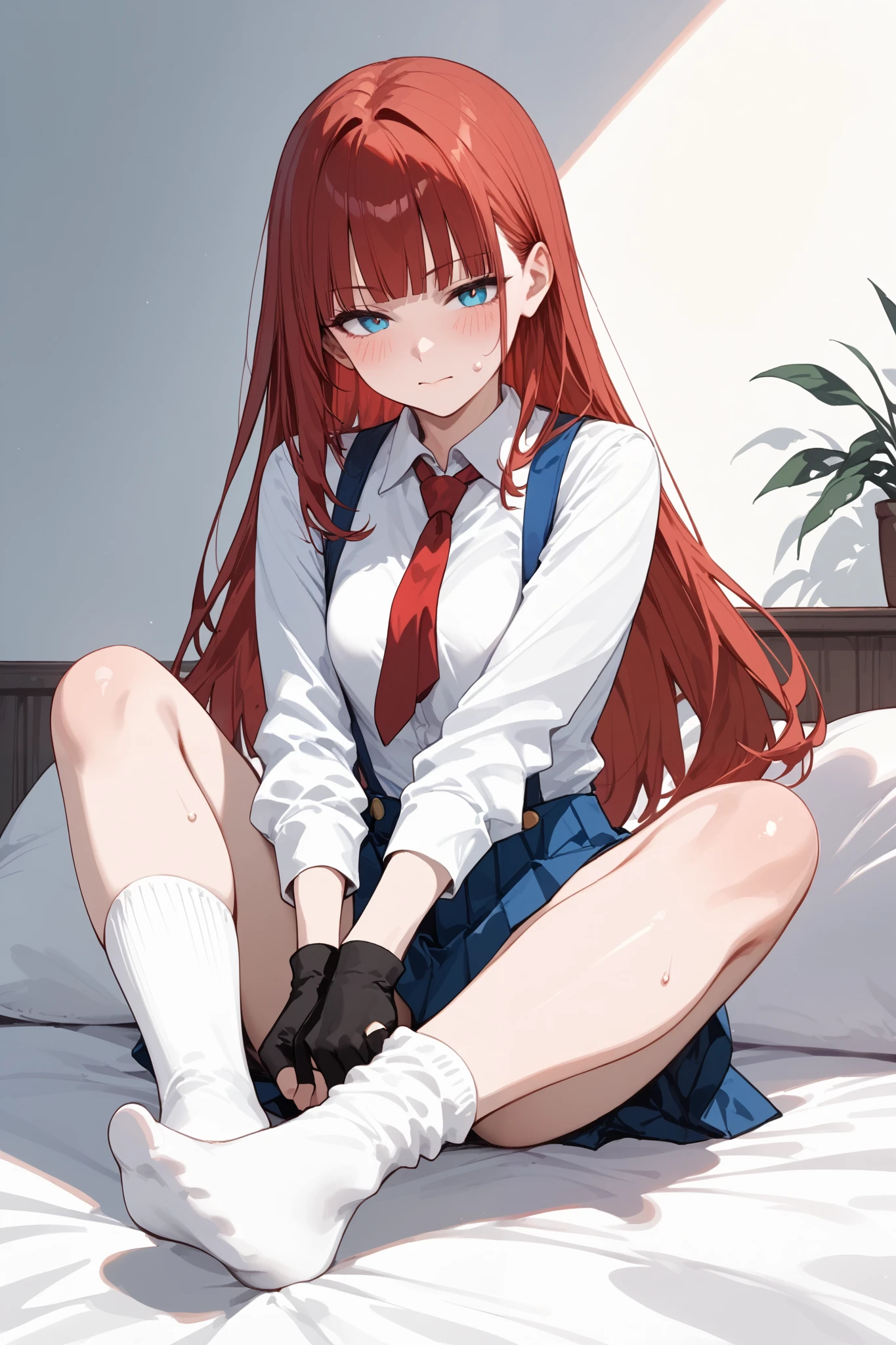 foot focus,dressing socks, adjusting legwear,blue suspenders, blue Pleated Miniskirt,white Long sleeve white blouse, ,black fingerless gloves,Red tie,White socks,Straight hair,Long hair ,Red Hair, blunt bangs,A woman sitting on a bed in her apartment at home, wearing socks,sweat、blush