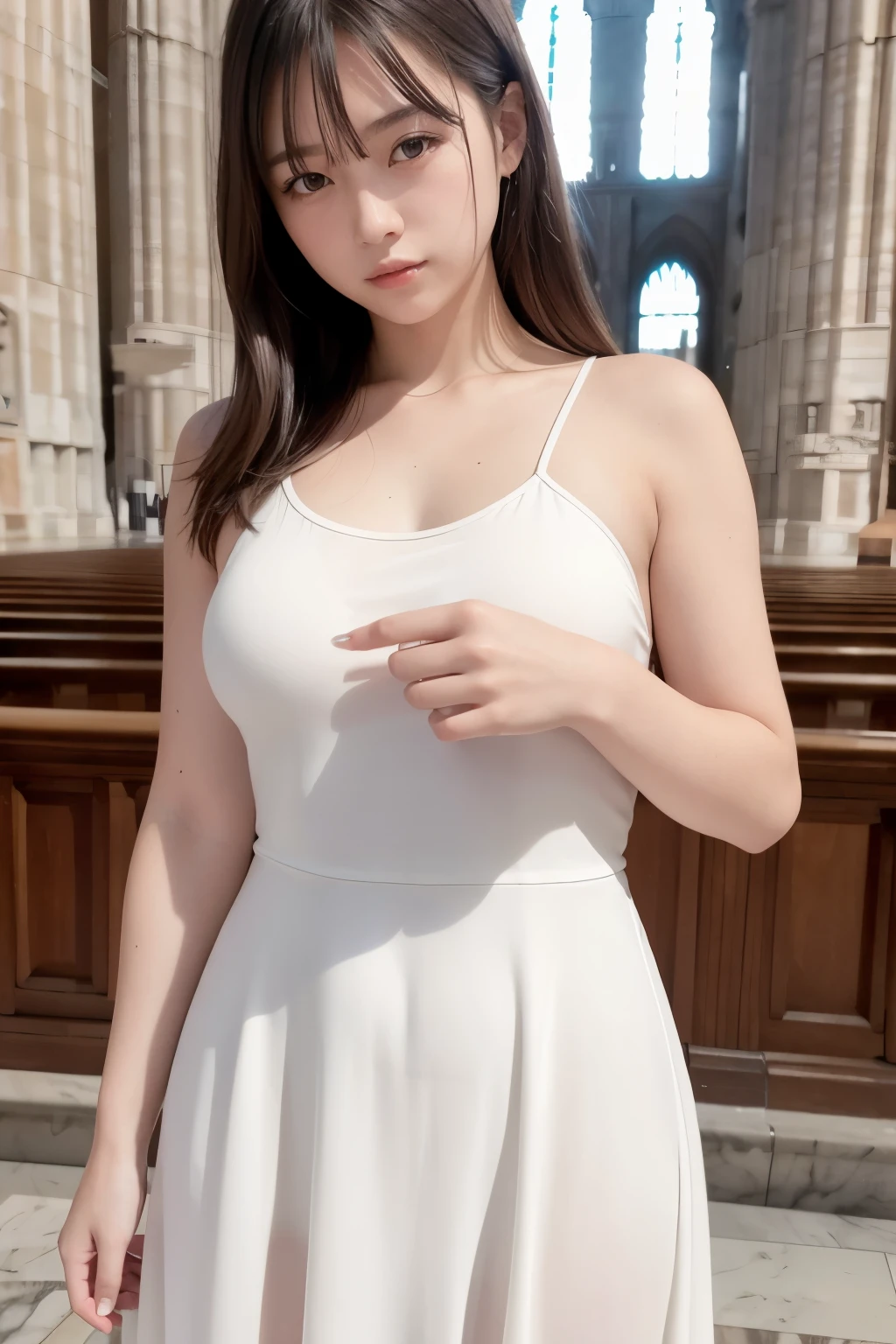 Masterpiece, high resolution, photo-realistic, realistic skin details, realistic clothing details, realistic lighting, 17-year-old girl, white dress, Milan Cathedral, solo portrait, Fujifilm camera,