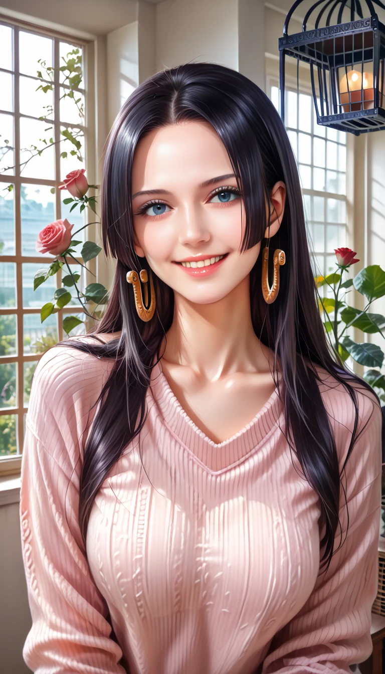 best quality, masterpiece, highly detailed,1girl, ((rose)), (vine), cage, bandage, red rope, (detail light), falling rose petals, Boa Hancock,, (masterpiece:1.5), Detailed Photo, Smiling,(8K, Photorealistic, Best Quality: 1.4), (1girl), Beautiful Face, (anime realistic Face), (Black Hair, long Hair: 1.3), Beautiful Hairstyle, Realistic eyes, beautiful detail eyes, (realistic skin), beautiful skin, (sweater), absurd, attractive, ultra high resolution, ultra realistic, high definition, golden ratio,